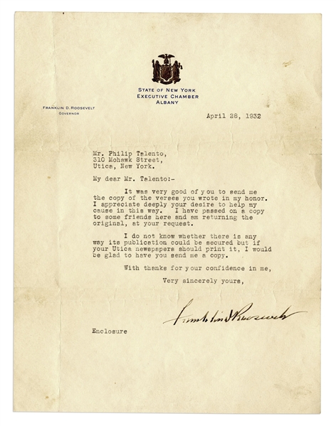 Franklin D. Roosevelt Letter Signed From 1932, Regarding His First Campaign for President